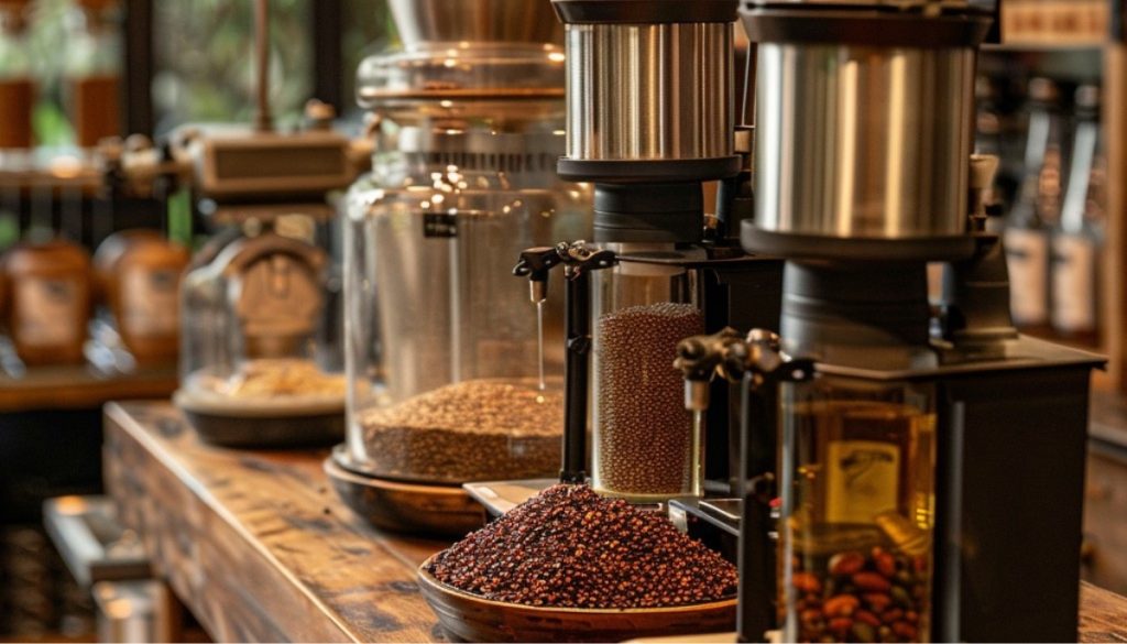 An array of artisanal oil press machines, each with its own chamber of seeds or nuts, displayed in a boutique with a rustic wooden counter and warm ambient lighting