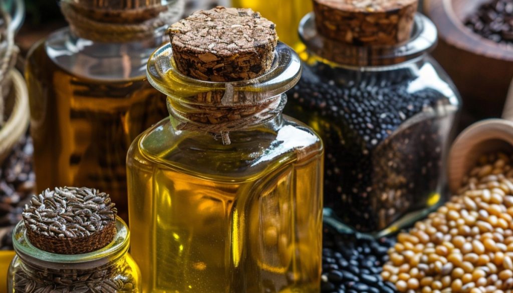 Collection of edible oils in small vintage glass jars with cork lids, surrounded by piles of various seeds and legumes like flax, black beans, and soybeans on a rustic wooden table.