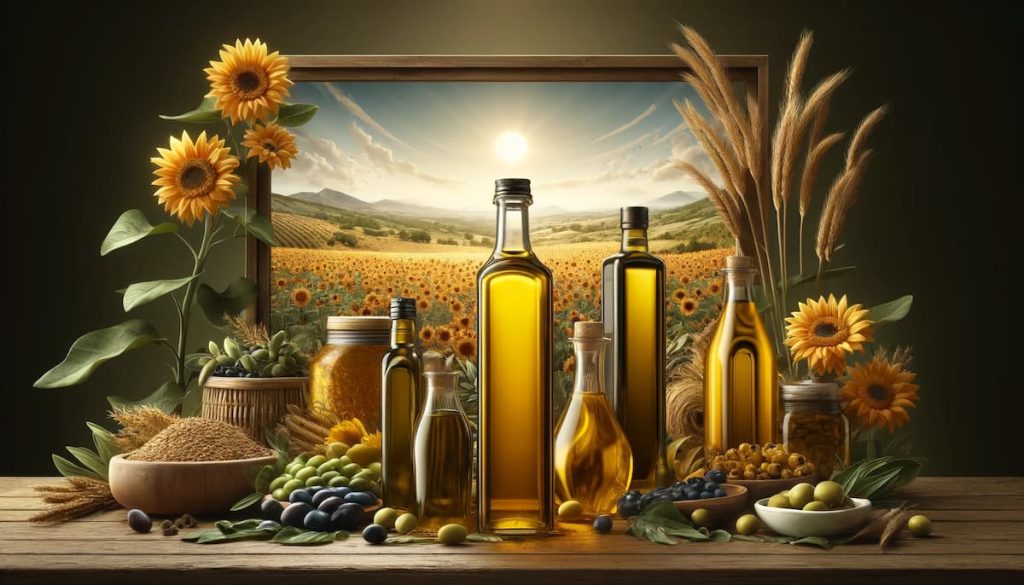 Assortment of cold-pressed oils in various glass bottles displayed alongside sunflowers, grains, olives, and fruits, set against a backdrop of a sunlit landscape with a sunflower field.