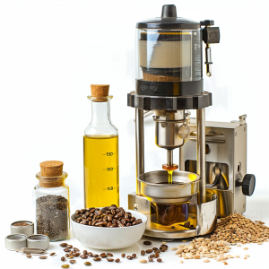 Modern cold press oil machine extracting oil from coffee beans, displayed alongside a glass bottle of oil and assorted seeds on a white background