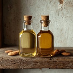 Bottles filled with sweet almond oil and bitter almond oil