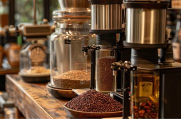 An array of artisanal oil press machines, each with its own chamber of seeds or nuts, displayed in a boutique with a rustic wooden counter and warm ambient lighting