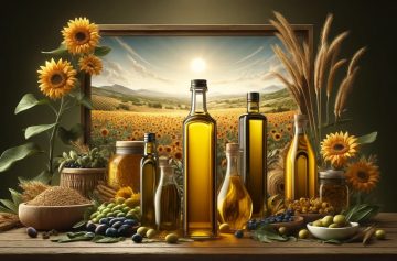 Assortment of cold-pressed oils in various glass bottles displayed alongside sunflowers, grains, olives, and fruits, set against a backdrop of a sunlit landscape with a sunflower field.